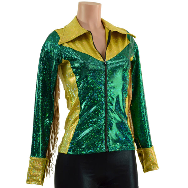 Gold and Green Kaleidoscope Rodeo Shirt with Fringe - 4