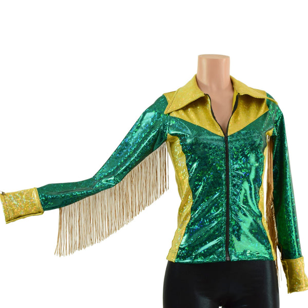 Gold and Green Kaleidoscope Rodeo Shirt with Fringe - 5