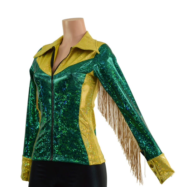 Gold and Green Kaleidoscope Rodeo Shirt with Fringe - 9