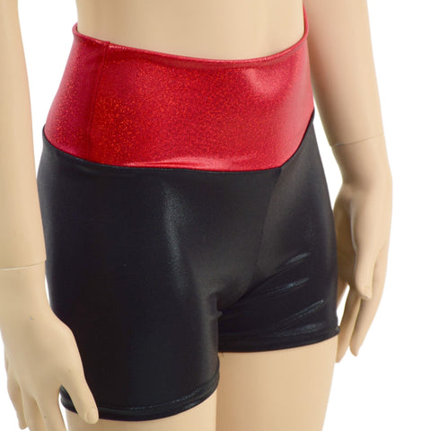 Childrens Black Mystique High Waist Shorts with Red Sparkly Jewel Waistband - Coquetry Clothing