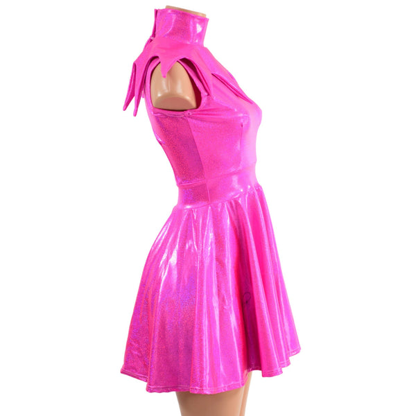 2PC Neon Pink Sleeveless Skater Dress with Elf Collar - 3