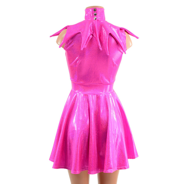 2PC Neon Pink Sleeveless Skater Dress with Elf Collar - 4