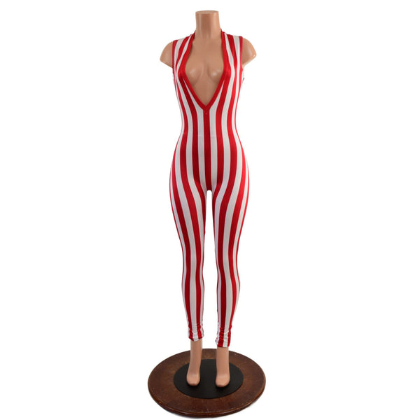 Red and White Stripe Plunging V Catsuit - 2