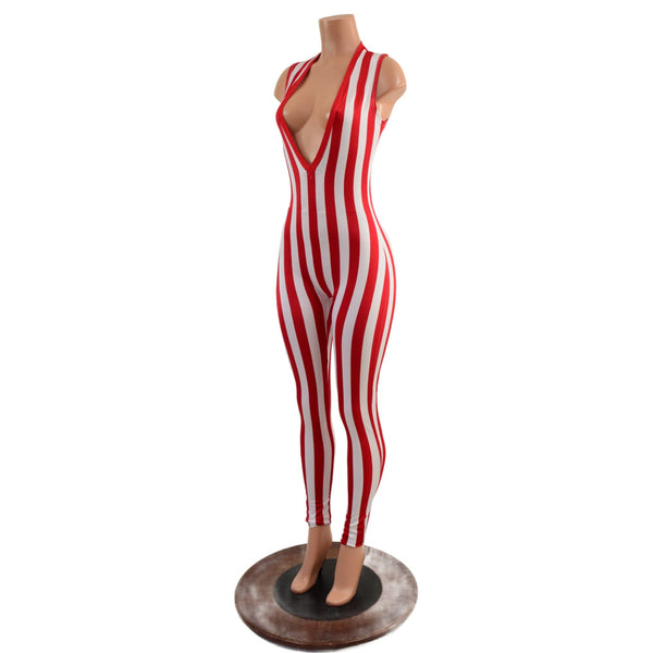 Red and White Stripe Plunging V Catsuit - 3