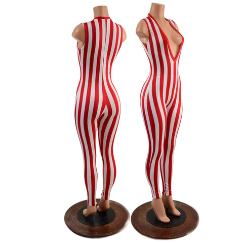 Red and White Stripe Plunging V Catsuit - Coquetry Clothing