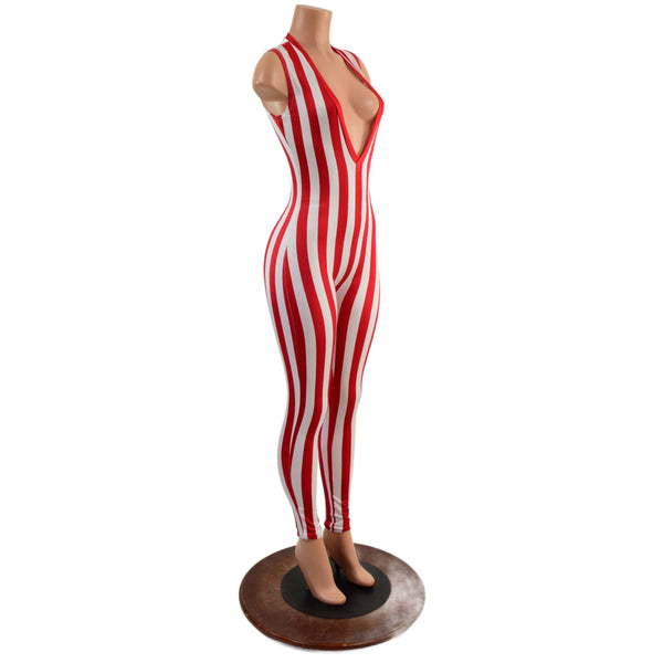 Red and White Stripe Plunging V Catsuit - 5