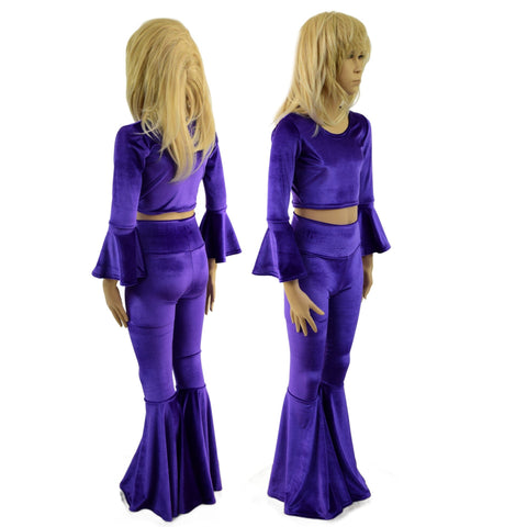 Girls Purple Velvet Trumpet Sleeve Crop  & Bell Bottom Flares Set - Coquetry Clothing