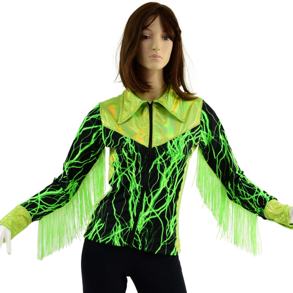 Neon Green Lightning Rodeo Shirt with Fringe - 2