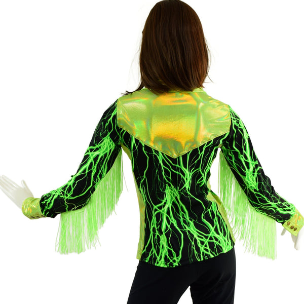 Neon Green Lightning Rodeo Shirt with Fringe - 4