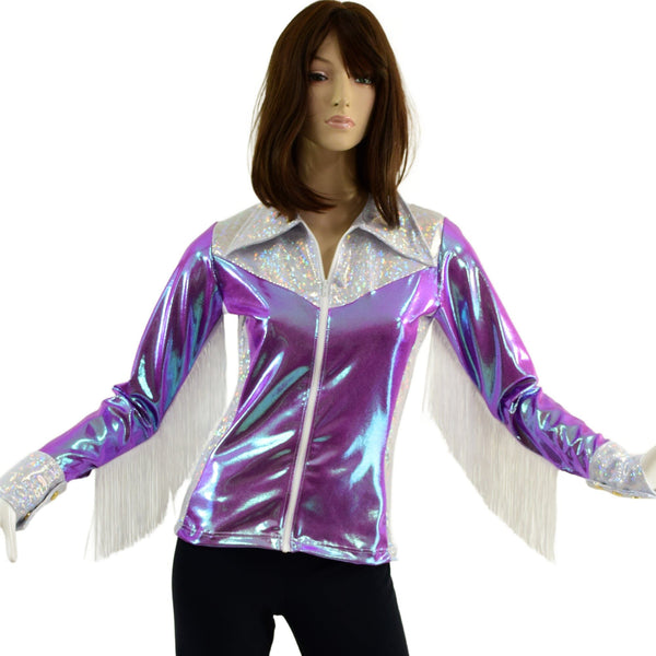 Plumeria and White Kaleidoscope Rodeo Shirt with Fringe - 2