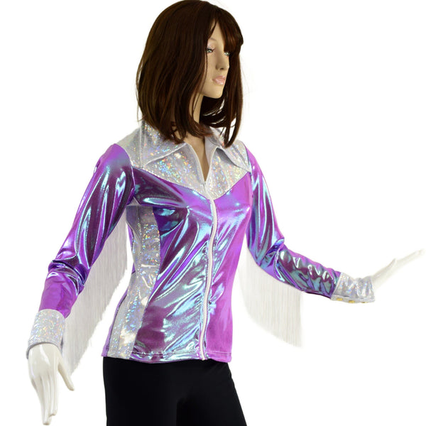 Plumeria and White Kaleidoscope Rodeo Shirt with Fringe - 3