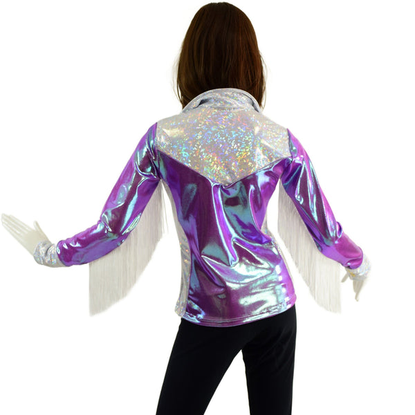 Plumeria and White Kaleidoscope Rodeo Shirt with Fringe - 4