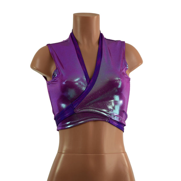 Plumeria and Grape Holographic Wrap & Tie Top with Contrast Trim - 5