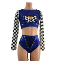 3PC Blue Sparkly Jewel Grid Girl Shorts Set - 2