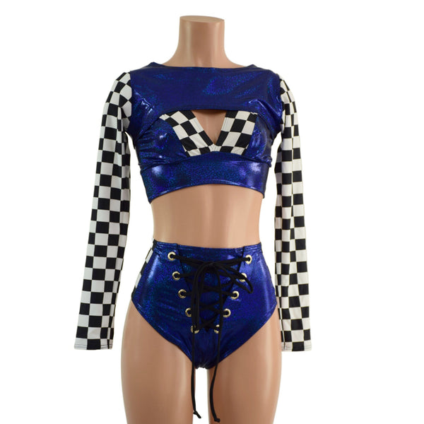 3PC Blue Sparkly Jewel Grid Girl Shorts Set - 2