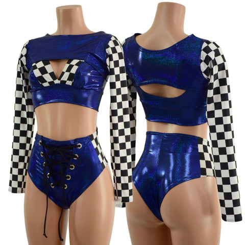 3PC Blue Sparkly Jewel Grid Girl Shorts Set - Coquetry Clothing