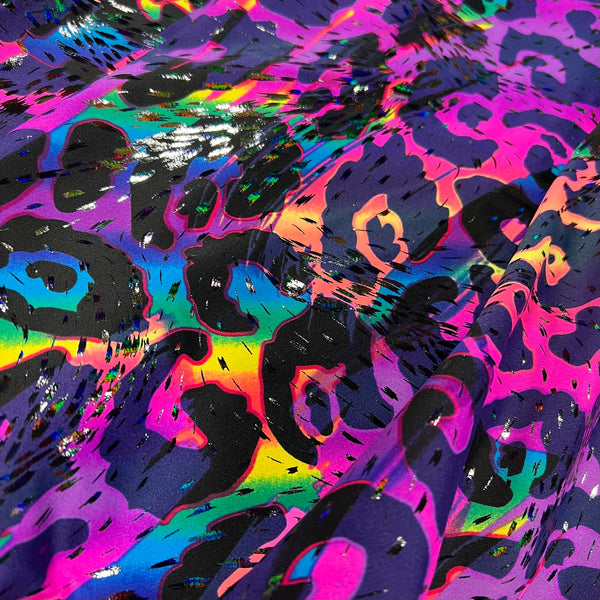 UV Glow Rainbow Leopard Print Spandex Fabric - 9