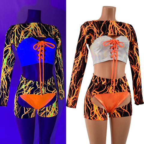 4PC Neon Orange Lightning Shorts, Chaps, Crop Top and Bolero Set - Coquetry Clothing