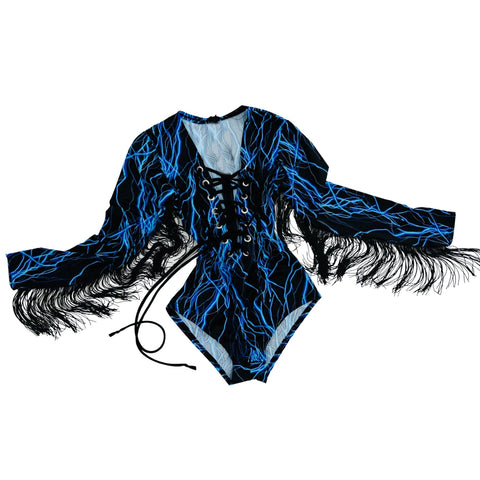 Neon Blue Lightning Plunging V Laceup Romper with Fringe - Coquetry Clothing