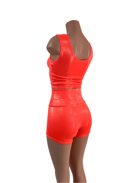 Blazing Coral NEON UV Glow High Waist Shorts OR Top READY to SHIP - Coquetry Clothing