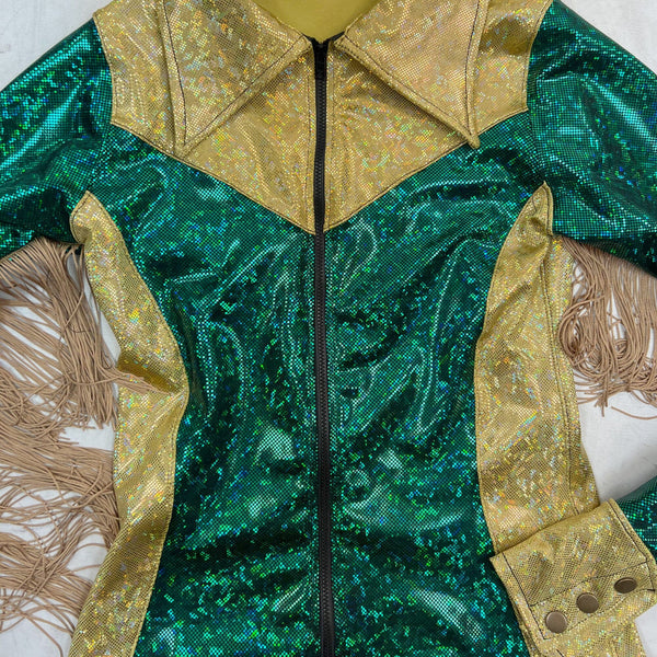 Gold and Green Kaleidoscope Rodeo Shirt with Fringe - 14