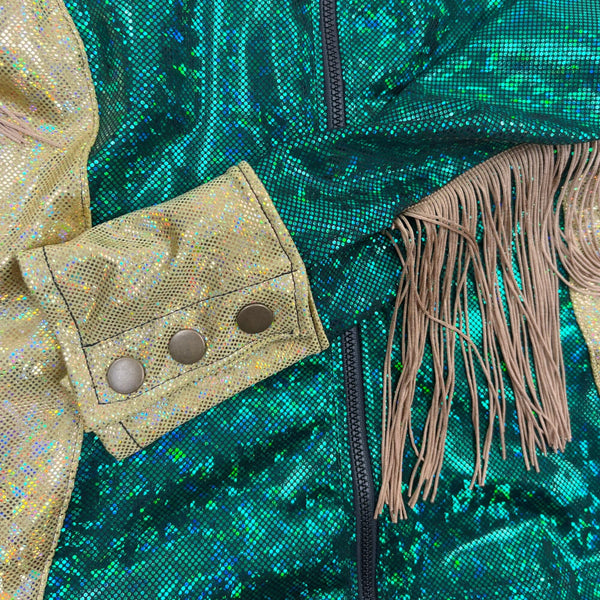 Gold and Green Kaleidoscope Rodeo Shirt with Fringe - 13