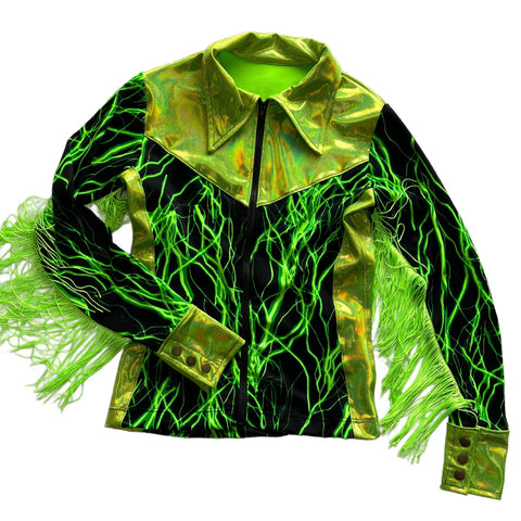 Neon Green Lightning Rodeo Shirt with Fringe - Coquetry Clothing