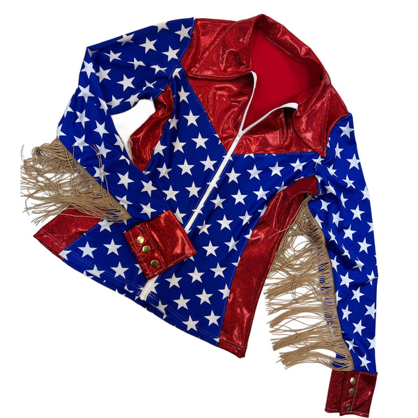 Red White and Blue Patriotic Rodeo Shirt with Fringe - 1