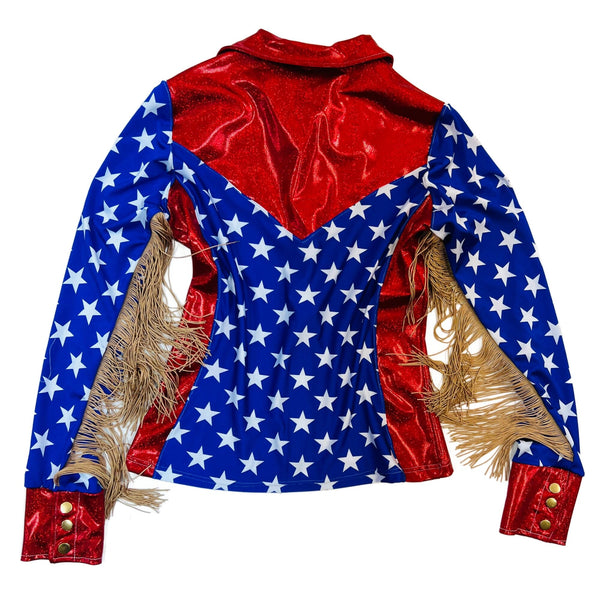 Red White and Blue Patriotic Rodeo Shirt with Fringe - 8