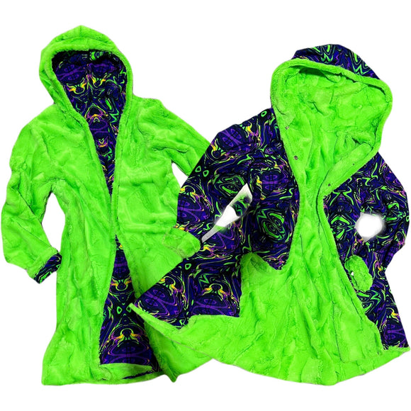 Neon UFO Minky and Neon Melt Reversible A Line Coat - Coquetry Clothing