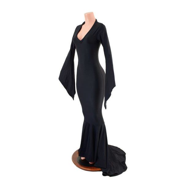 Black Zen Morticia Puddle Train Gown with V Neck and Pointy Sleeves - 2