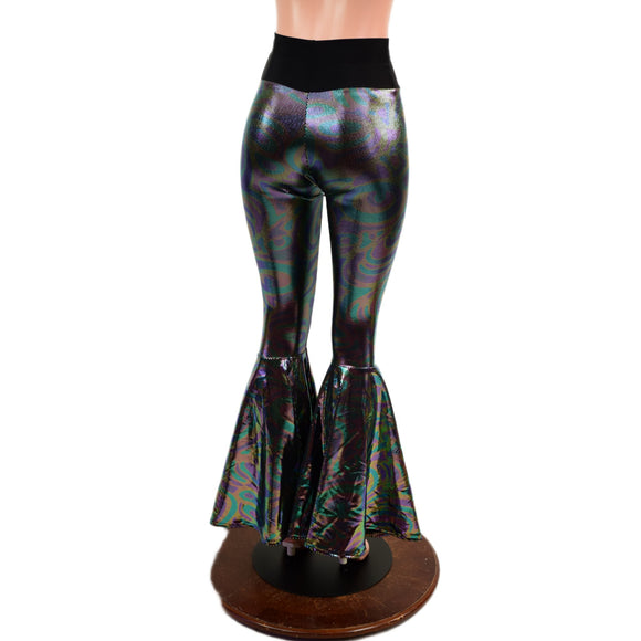 Oil Slick High Waist Bell Bottom Flares with Smooth Black Spandex Waistband
