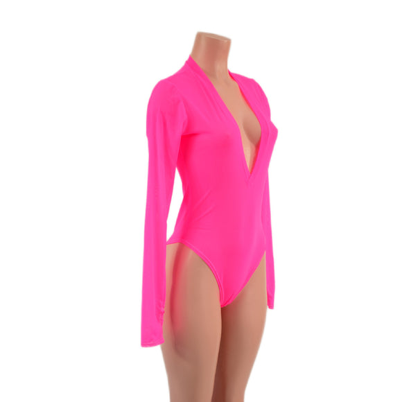 Sheer Neon Pink Mesh Long Sleeve Brazilian Romper with Plunging V Neckline