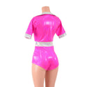 Neon Pink Romper with Banded Tee Sleeves, Disco Collar, and Contrast Waistband - 4