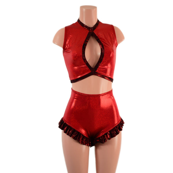 2PC Keyhole Crop Top and Ruffled Leg Siren Shorts Set - 2