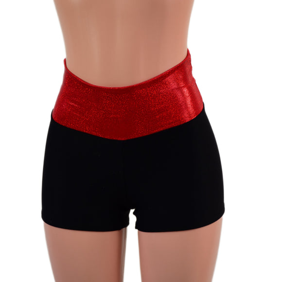 Black Zen High Waist Shorts with Red Sparkly Jewel Waistband