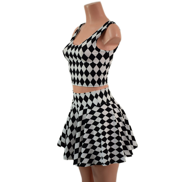 Black and White Diamond Print 15" Circle Cut Mini Skirt and Crop Tank Set