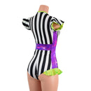 Black and White Striped Romper with Lime and Grape Trim-5