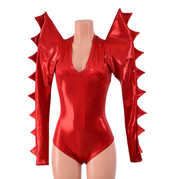 Red Sparkly Jewel Mega Sharp Shoulder Romper with Spiked Sleeves - 4