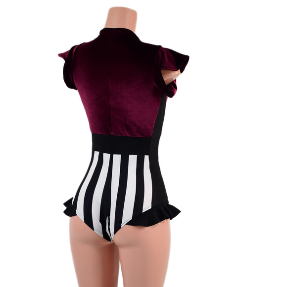 Circus Stripes and Burgundy Velvet Flip Sleeve Paneled Romper