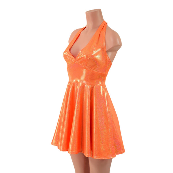 Neon Orange Sparkly Jewel Halter Skater Dress - 3