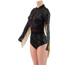 Star Noir Romper with Inset Mesh Keyhole and Waistband, and Gold Fringed Sleeves-2