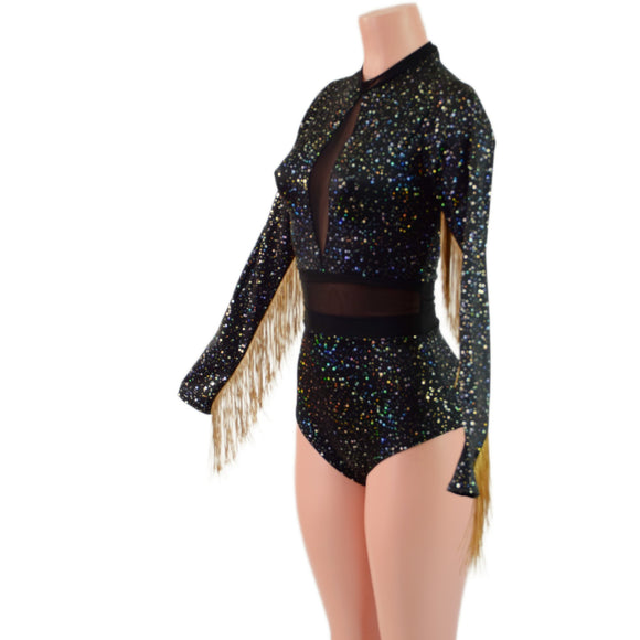 Star Noir Romper with Inset Mesh Keyhole and Waistband, and Gold Fringed Sleeves