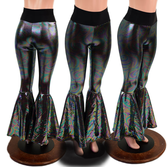 Oil Slick High Waist Bell Bottom Flares with Smooth Black Spandex Waistband