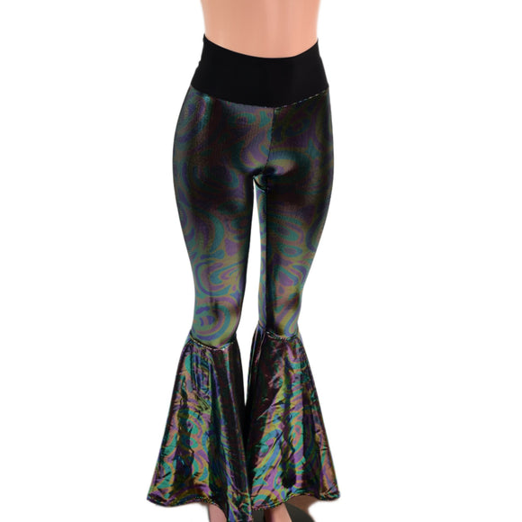 Oil Slick High Waist Bell Bottom Flares with Smooth Black Spandex Waistband