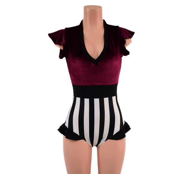 Circus Stripes and Burgundy Velvet Flip Sleeve Paneled Romper