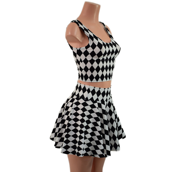 Black and White Diamond Print 15" Circle Cut Mini Skirt and Crop Tank Set