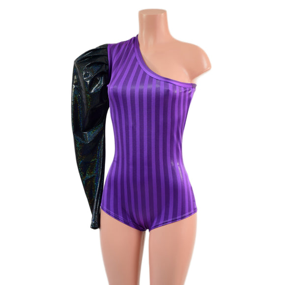 One Shoulder Romper with Victoria Sleeve and Siren Cut Leg