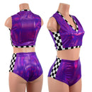 Checkered and Grape Holographic Mini V Neck Crop and Side Panel Siren Shorts Set-1