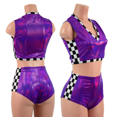 Checkered and Grape Holographic Mini V Neck Crop and Side Panel Siren Shorts Set